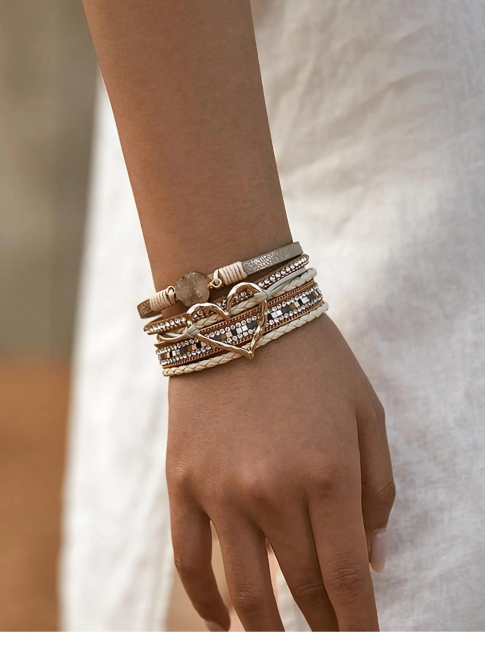 Gold Heart Multi-Layer Cream Bracelet with Druzy Accent - Picture 2 of 3